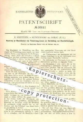 original Patent - E. Kretzner , Kunzendorf , Sorau , 1884 , Mundstücke von Tonstrangpressen zur Herstellung von Ziegeln