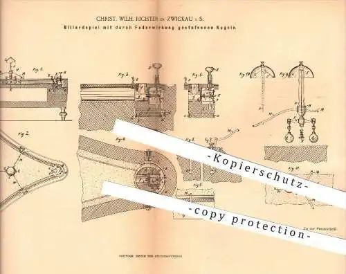 original Patent - C. W. Richter , Zwickau , 1885 , Billardspiel mit durch Federwirkung gestoßenen Kugeln , Billlard !!