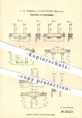 original Patent - C. W. Morris , Lowestoff , England , 1883, Ruderdollen u. Rudergabel , Ruder , Rudern , Schiffe , Boot