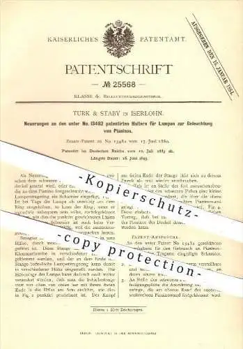 original Patent - Turk & Staby in Iserlohn , 1883 , Halter für Lampen zur Beleuchtung von Pianos , Licht , Lampe !!!