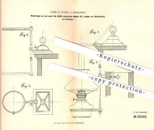 original Patent - Turk & Staby in Iserlohn , 1883 , Halter für Lampen zur Beleuchtung von Pianos , Licht , Lampe !!!