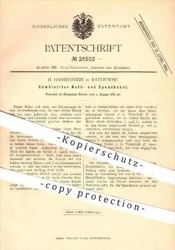 original Patent - H. Hassenstein in Rathenow , 1883 , Kombinierter Nuthobel u. Spundhobel , Hobel , Tischler , Holz !!