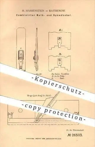 original Patent - H. Hassenstein in Rathenow , 1883 , Kombinierter Nuthobel u. Spundhobel , Hobel , Tischler , Holz !!