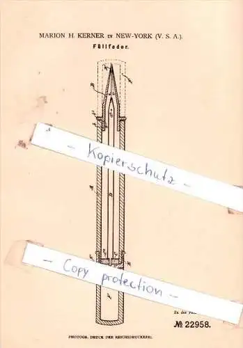 Original Patent - Marion H. Kerner in New-York , USA , 1882 , Federhalter , Füllfederhalter !!!