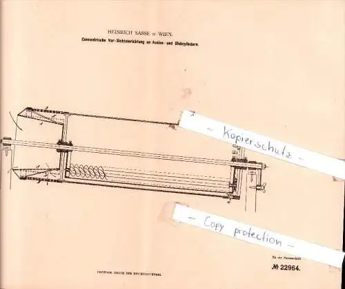 Original Patent - H. Sasse in Wien , 1882 , Vor-Sichteinrichtung an Ausles- und Siebcylindern !!!