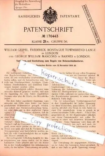 Original Patent - W. Geipel , F. Montague Lange in Barnes b. London und G. Mascord , 1904 , Elektromotoren !!!