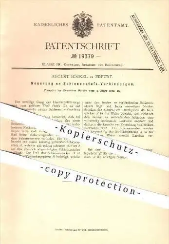 original Patent - August Böckel in Erfurt , 1882 , Schienenstoß - Verbindungen , Schienen , Eisenbahn , Eisenbahnen !!