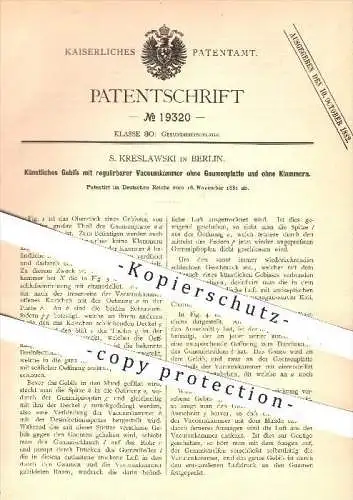 original Patent - S. Kreslawski in Berlin , 1881 , Künstliches Gebiss mit Vakuum , Zahnarzt , Zahn , Zähne , Medizin !