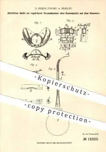 original Patent - S. Kreslawski in Berlin , 1881 , Künstliches Gebiss mit Vakuum , Zahnarzt , Zahn , Zähne , Medizin !