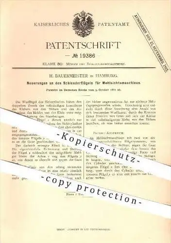 original Patent - H. Bauermeister in Hamburg , 1881 , Schleuderflügel an Mehlsichtemaschinen , Mühle , Mühlen , Müller