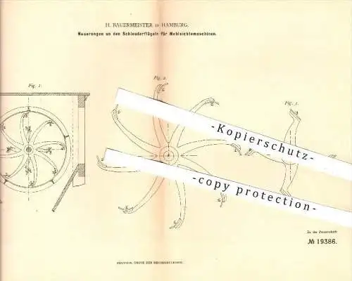 original Patent - H. Bauermeister in Hamburg , 1881 , Schleuderflügel an Mehlsichtemaschinen , Mühle , Mühlen , Müller