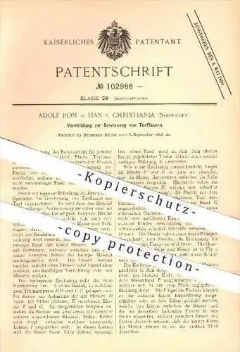 original Patent - Adolf Rom in Lian bei Christiania , Norwegen , 1898 , Gewinnung von Torffasern , Torf , Fasern , Hanf