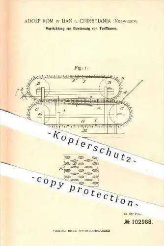 original Patent - Adolf Rom in Lian bei Christiania , Norwegen , 1898 , Gewinnung von Torffasern , Torf , Fasern , Hanf