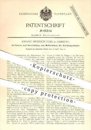 original Patent - Johann H. Voss , Hamburg , 1892 , Maßnehmen an Kleidungsstücken , Kleidung , Bekleidung , Schneider !!