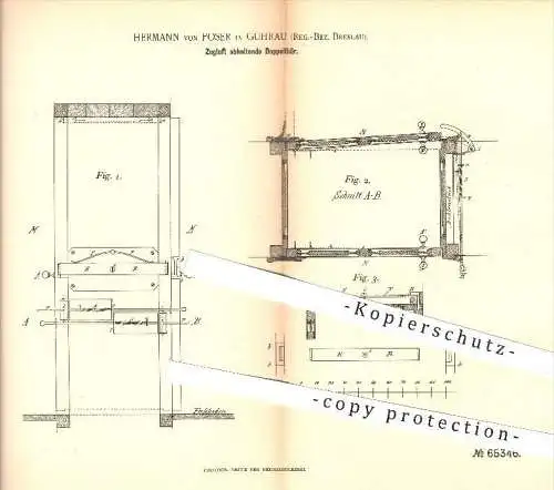 original Patent - Hermann von Poser in Guhrau , Breslau , 1890 , Zugluft abhaltende Doppeltür , Tür , Türen , Zarge !!