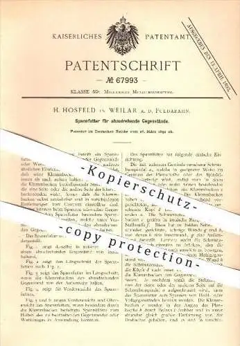 original Patent - H. Hosfeld in Weilar an der Fuldabahn , 1892 , Spannfutter für abzudrehende Gegenstände , Drehbank !!