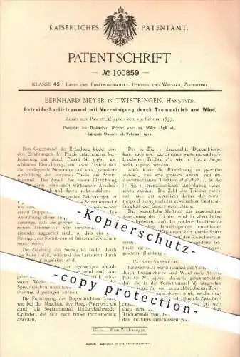 original Patent - Bernhard Meyer in Twistringen , 1898 , Getreide - Sortiertrommel , Sortiermaschine , Landwirtschaft !!