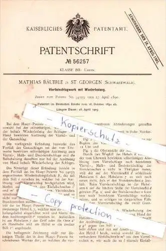 Original Patent -  Mathias Bäuerle in St. Georgen , Schwarzwald , 1890 , Uhren , Uhrmacher , Uhr !!!