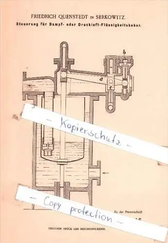 Original Patent - Friedrich Quenstedt in Serkowitz b. Radebeul , 1898 , Steuerung für Pumpen !!!