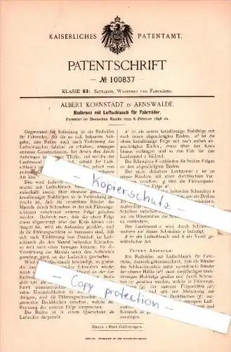 Original Patent - A. Kornstädt in Arnswalde , 1898 ,  Radkranz mit Luftschlauch für Fahrräder !!!