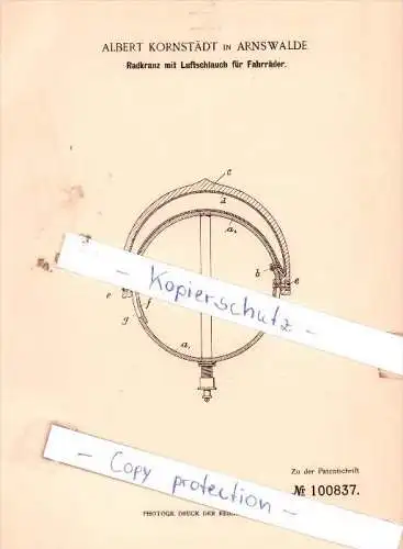 Original Patent - A. Kornstädt in Arnswalde , 1898 ,  Radkranz mit Luftschlauch für Fahrräder !!!