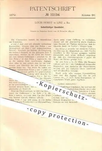 original Patent - Louis Horst in Linz , 1879 , Selbsttätiger Gaszünder , Gas , Zünder , Licht , Beleuchtung , Brenner