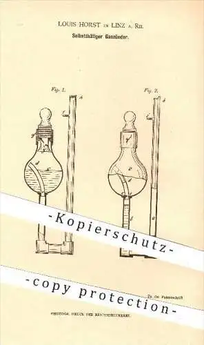 original Patent - Louis Horst in Linz , 1879 , Selbsttätiger Gaszünder , Gas , Zünder , Licht , Beleuchtung , Brenner