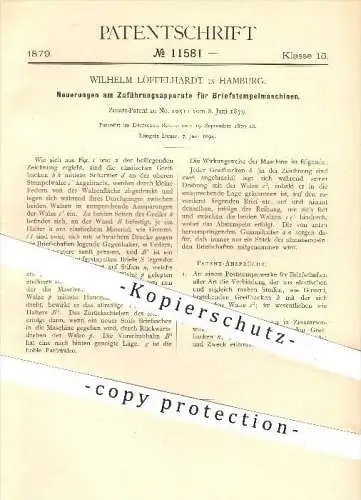 original Patent - Wilhelm Löffelhardt , Hamburg , 1879 , Zuführung für Briefstempelmaschine , Stempeln , Stempelmaschine