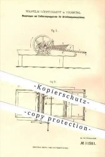 original Patent - Wilhelm Löffelhardt , Hamburg , 1879 , Zuführung für Briefstempelmaschine , Stempeln , Stempelmaschine