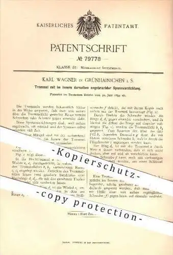 original Patent - Karl Wagner , Grünhainichen , 1894, Trommel mit Spannvorrichtung , Musik , Musikinstrumente , Trommeln