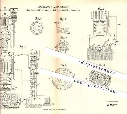 original Patent - Jos. Franc in Kolin , Böhmen , 1885 , Kontinuierlich wirkender Spiritus - Destillier - Apparat !!!