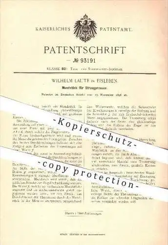 original Patent - Wilhelm Laute , Eisleben , 1896 , Mundstück für Strangpressen , Pressen , Ziegel , Dachziegel , Ziegel