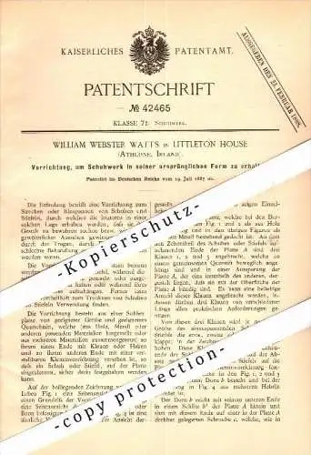 Original Patent - William Watts in Littleton House , Athlone , 1887 , Tensioning device for shoes , Ireland !!!