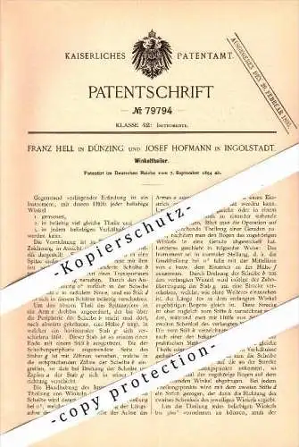 Original Patent - F. Hell und J. Hofmann in Dünzing / Vohburg a.d. Donau und Ingolstadt ,1894, Winkelteiler , Geometrie