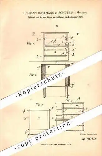 Original Patent - Hermann Havemann in Schwerin i. Mecklenburg , 1894 , Schrank mit Abteilungsbrettern , Möbel !!!