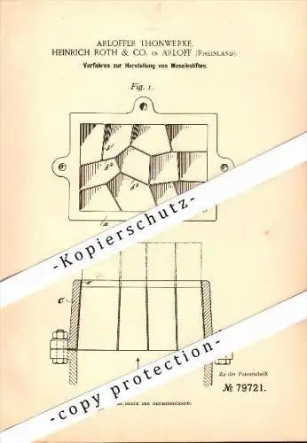 Original Patent - Arloffer Thonwerke , H. Roth & Co in Arloff b. Bad Münstereifel , 1894 , Herstellung von Mosaikstiften