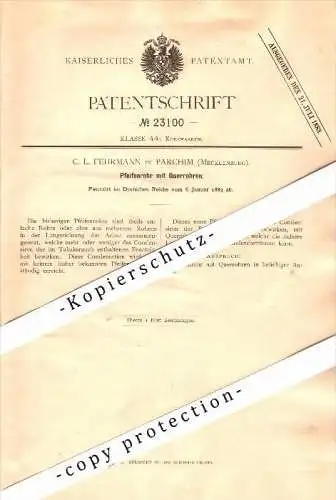 Original Patent - C.L. Fehrmann in Parchim i. Mecklenburg , 1883 , Pfeifenrohr mit Querrohren , Pfeife , Tabak !!!