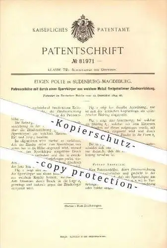 original Patent - Eugen Polte , Sudenburg - Magdeburg , 1894 , Patronenhülse mit Zündvorrichtung , Waffen , Geschosse !!