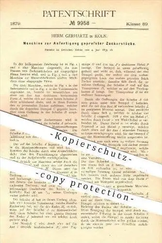 original Patent - H. Gerhartz , Köln , 1879 , Anfertigung gepresster Zuckerstücke , Zucker , Zuckerwürfel , Zuckerfabrik