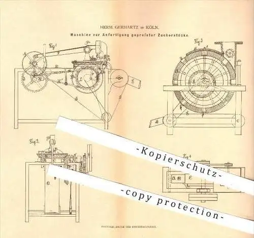 original Patent - H. Gerhartz , Köln , 1879 , Anfertigung gepresster Zuckerstücke , Zucker , Zuckerwürfel , Zuckerfabrik