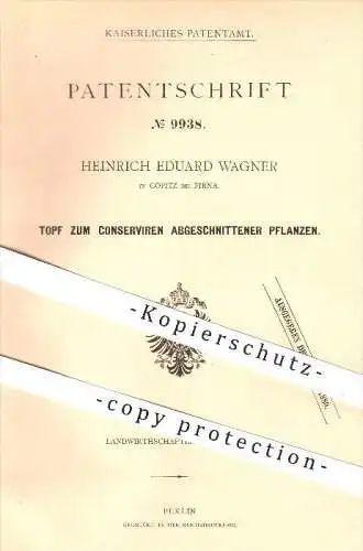 original Patent - Heinrich Eduard Wagner in Copitz bei Pirna , 1879 , Topf zum Konservieren abgeschnittener Pflanzen !!