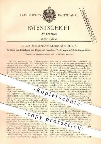 original Patent - Julius & Hermann Gembicki in Berlin , 1900 , Befestigung von Ringen u. Verzierungen auf Zelluloid !!!