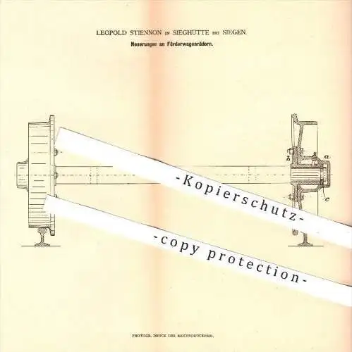 original Patent - Leopold Stiennon in Sieghütte bei Siegen , 1879 , Förderwagen - Räder , Rad , Reifen , Eisenbahn !!!