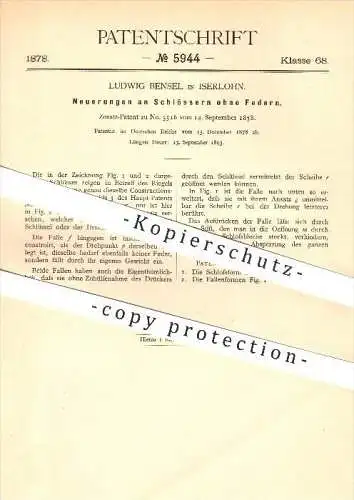 original Patent - Ludwig Bensel in Iserlohn , 1878 , Schlösser ohne Federn , Schloss , Türschloss , Tür , Schlosser !!!