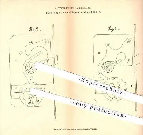 original Patent - Ludwig Bensel in Iserlohn , 1878 , Schlösser ohne Federn , Schloss , Türschloss , Tür , Schlosser !!!