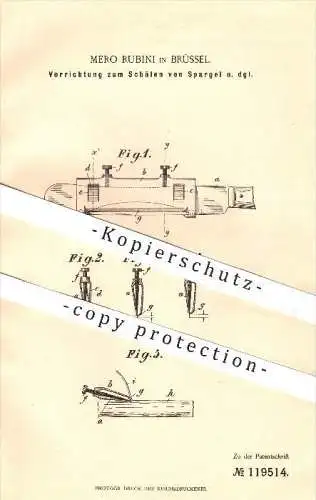 original Patent - Mero Rubini in Brüssel , 1899 , Schälen von Spargel , Schälmesser , Messer , Sparschäler , Haushalt !