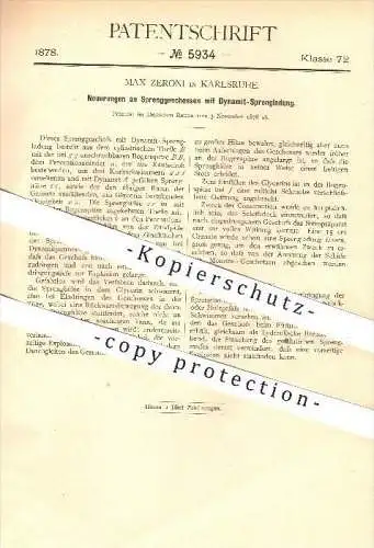 original Patent - Max Zeroni in Karlsruhe , 1878 , Sprenggeschoss mit Dynamit - Sprengladung , Sprengung , Waffen !!!