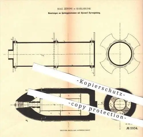 original Patent - Max Zeroni in Karlsruhe , 1878 , Sprenggeschoss mit Dynamit - Sprengladung , Sprengung , Waffen !!!