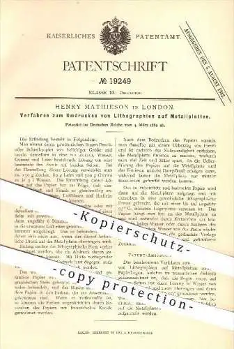 original Patent - Henry Mathieson in London , 1882 , Umdrucken von Lithographien auf Metallplatten , Druckerei , Druck