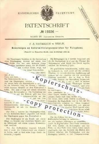 original Patent - F. A. Sasserath , Berlin , 1880, Übermittlungsapparat für Telefone , Telefon , Telefonie , Transmitter